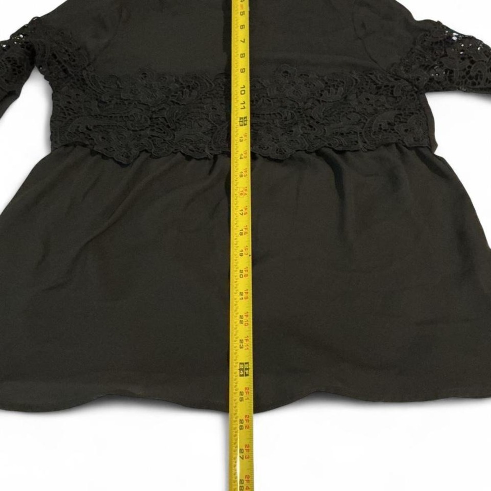 Black Lace Trim Peplum Blouse Medium Long Sleeve Keyhole - Picture 4 of 8